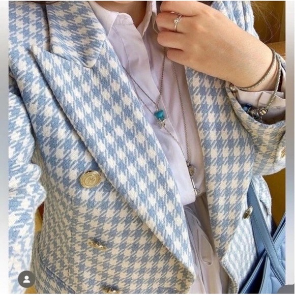 Zara Double-Breasted Blazer‎ Jacket in Blue Check Plaid Princess Kate Sz XS - Picture 16 of 16